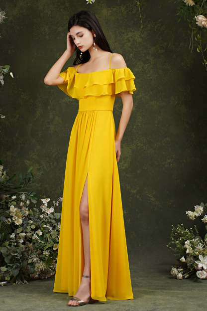 Chicloth Off-the-Shoulder Bridesmaid Dress Ruffles With Slit
