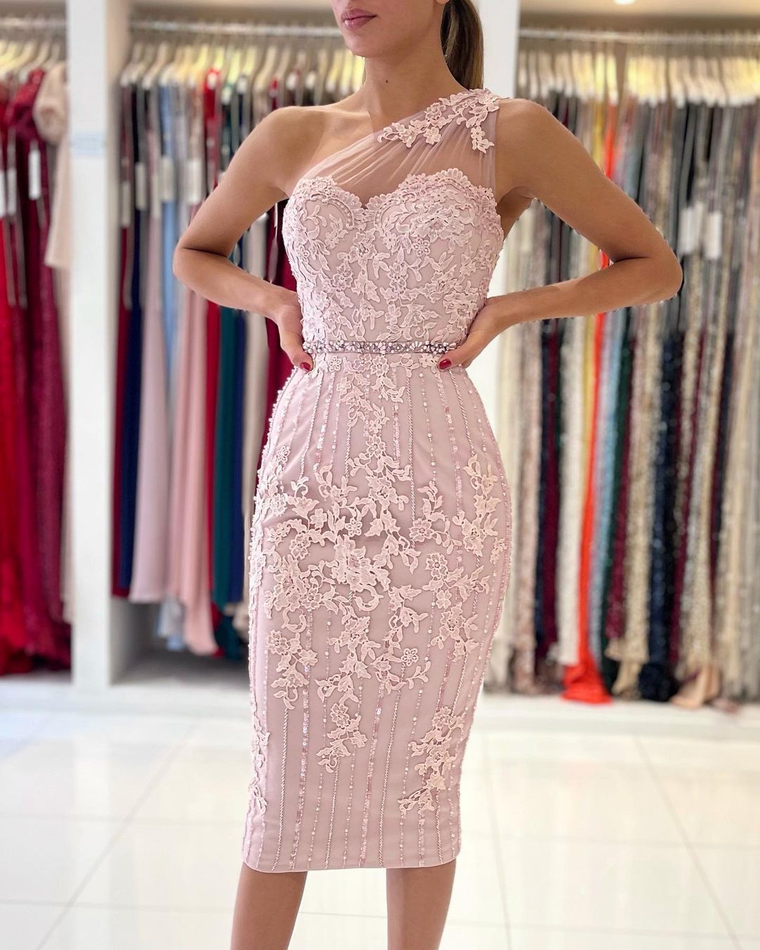 Chicloth One Shoulder Pink Lace Prom Dress Knee-Length