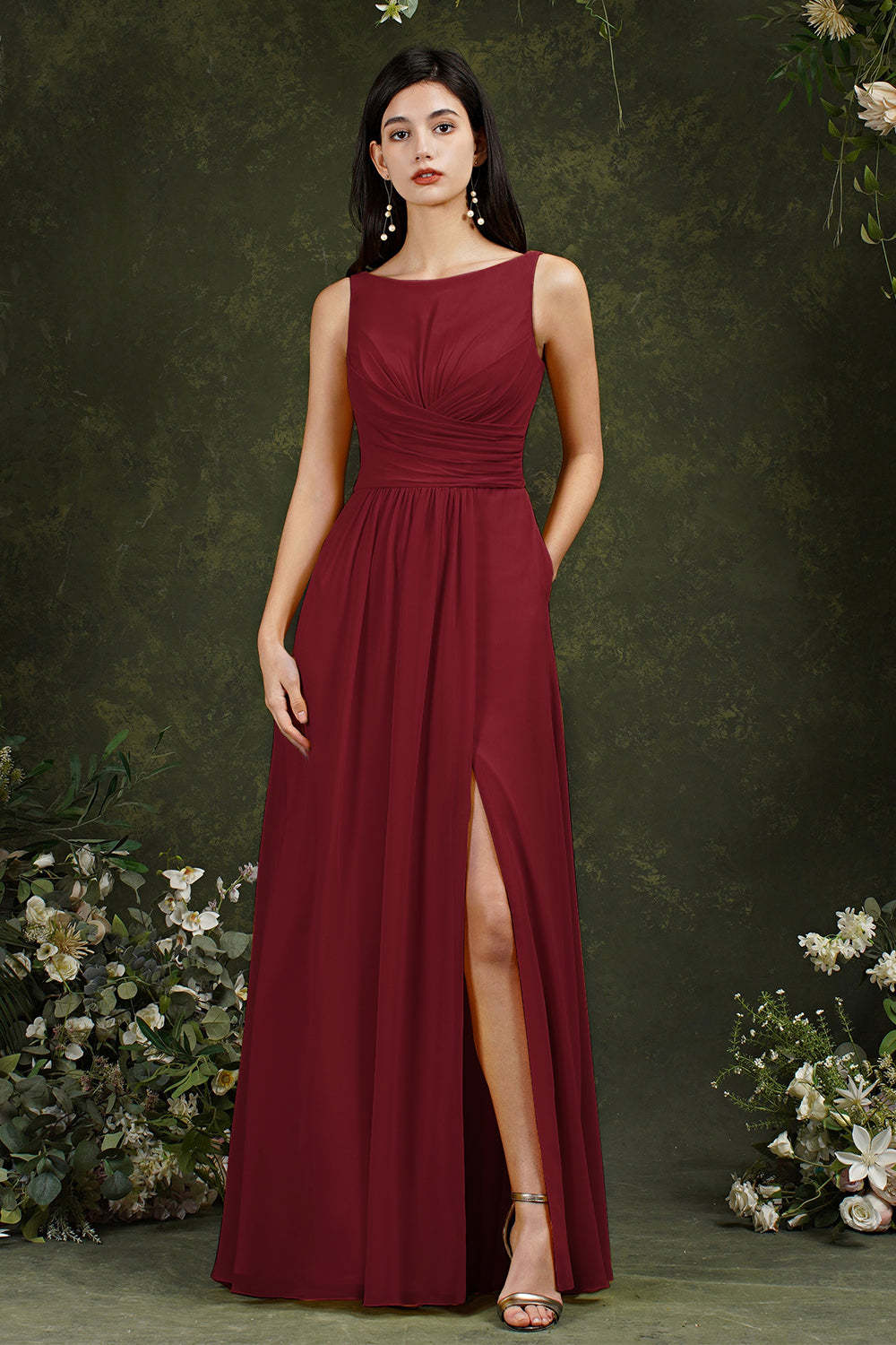 Chicloth Sleeveless Bridesmaid Dress Long With Slit Online