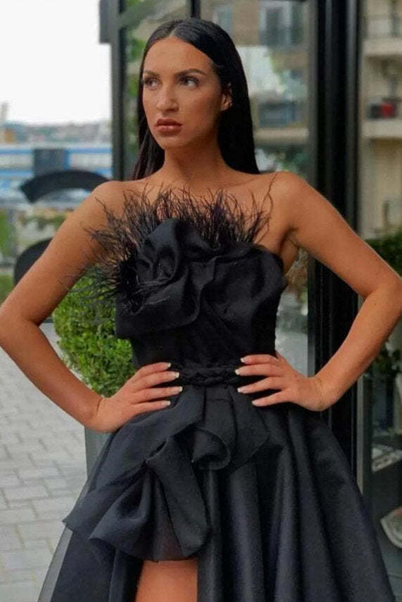 Chicloth Black Prom Dress Split Long With Feather