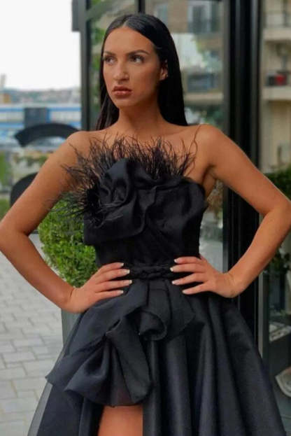 Chicloth Black Prom Dress Split Long With Feather