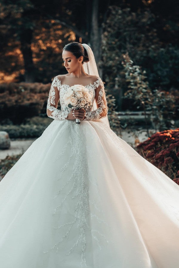 Chicloth Long Sleeves Ball Gown Wedding Dress V-Neck Tulle With Lace Beads