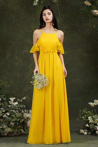 Chicloth Halter Chiffon Bridesmaid Dress Long WIth Ruffle