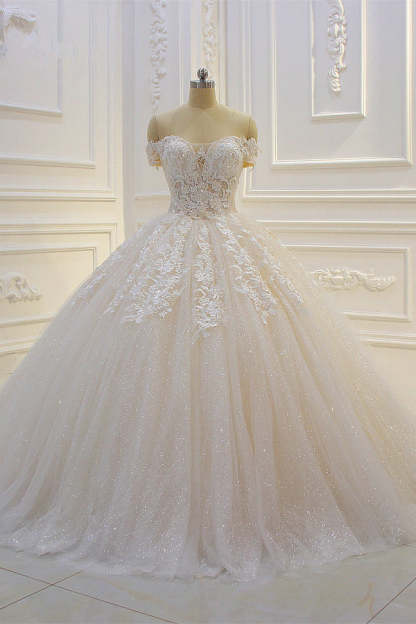 Chicloth Luxury Ball Gown Strapless Tulle Wedding Dress Lace Appliques Sleeveless Sequined Bridal Gowns On Sale