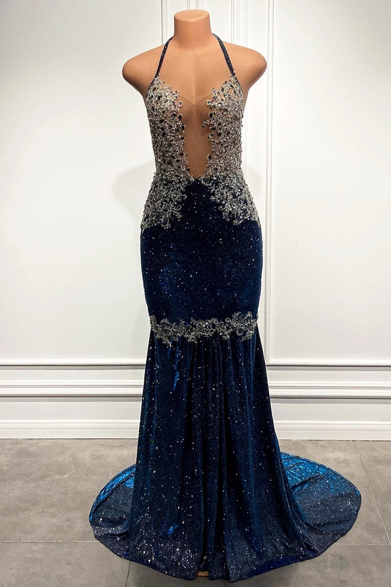 Chicloth Spaghetti-Straps Mermaid Prom Dress Sleeveless Royal Blue