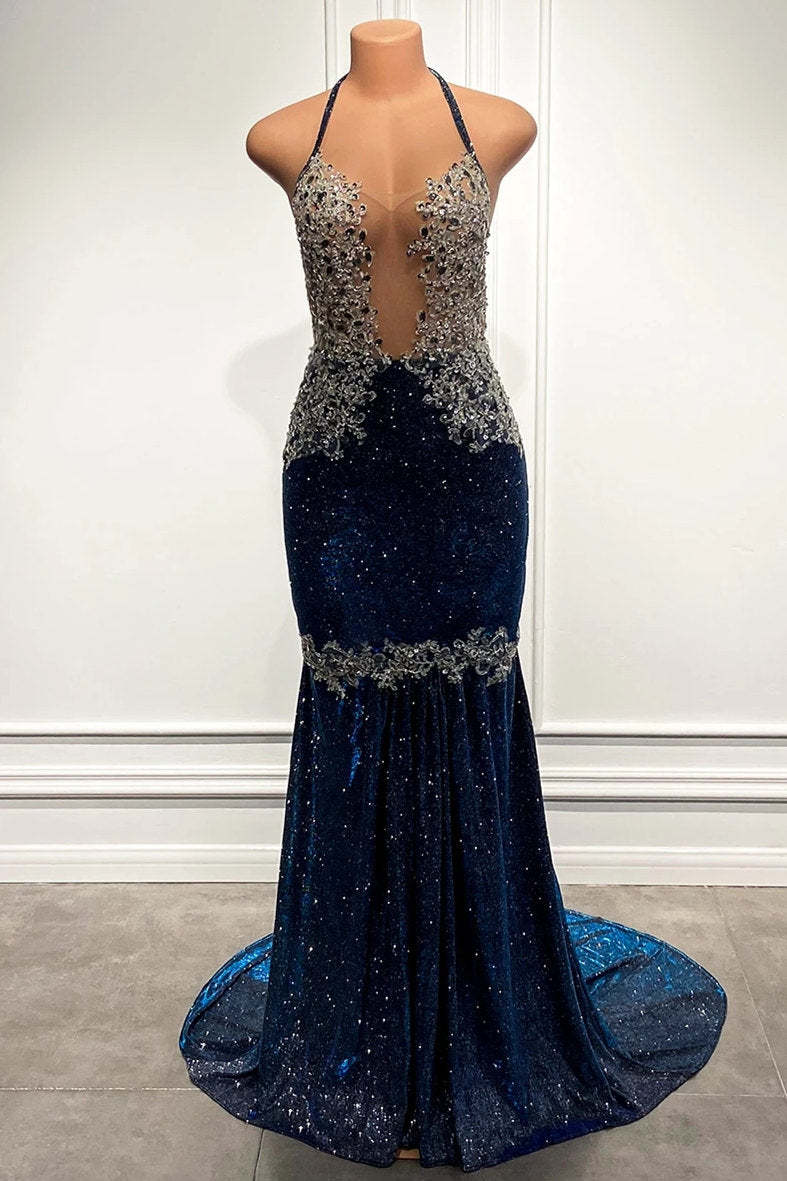 Chicloth Spaghetti-Straps Mermaid Prom Dress Sleeveless Royal Blue