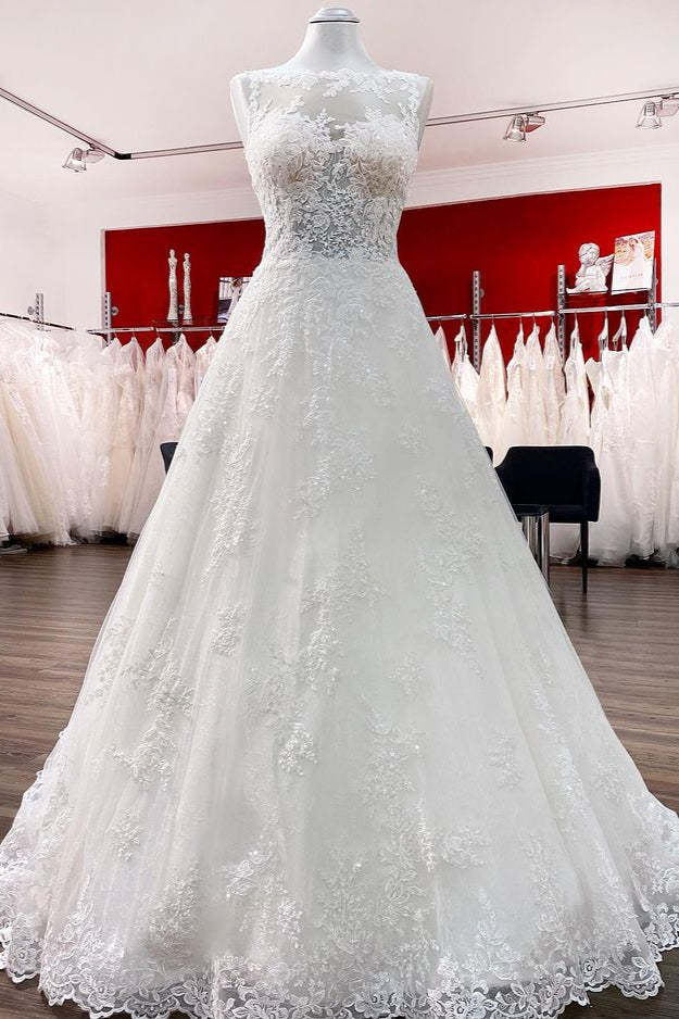 Chicloth Graceful Jewel Tulle Ivory A-Line Wedding Dresses With Lace Appliques