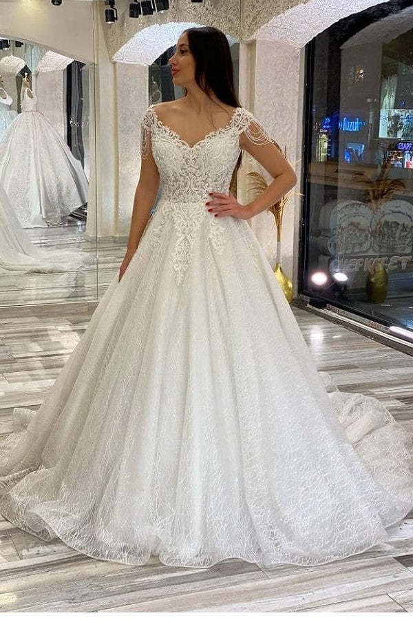 Chicloth Cap Sleeves Ball Gown Wedding Dress Shinning WIth Appliques