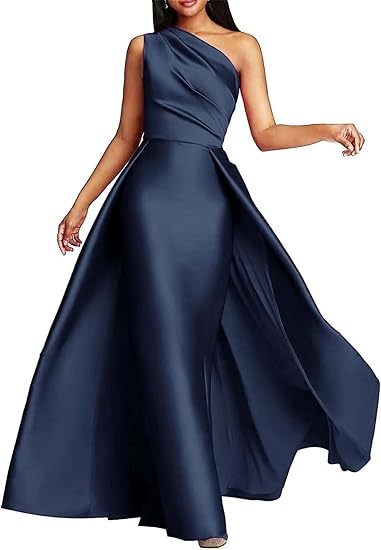 One Shoulder Satin Ruched A-Line Prom Dress Long Evening Gown