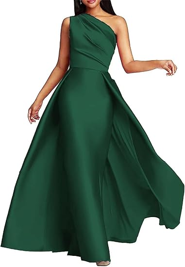One Shoulder Satin Ruched A-Line Prom Dress Long Evening Gown