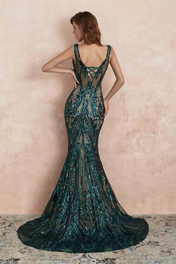 Chicloth Glamorous Green Sequins Mermaid Evening Gowns Long V-Neck Prom Dress On Sale