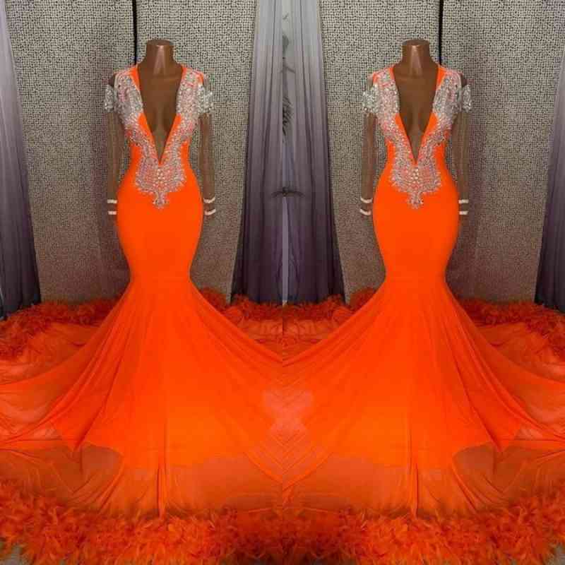 Chicloth Orange Deep V-Neck Prom Dress Long Sleeves Mermaid With Feather