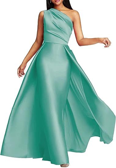 One Shoulder Satin Ruched A-Line Prom Dress Long Evening Gown