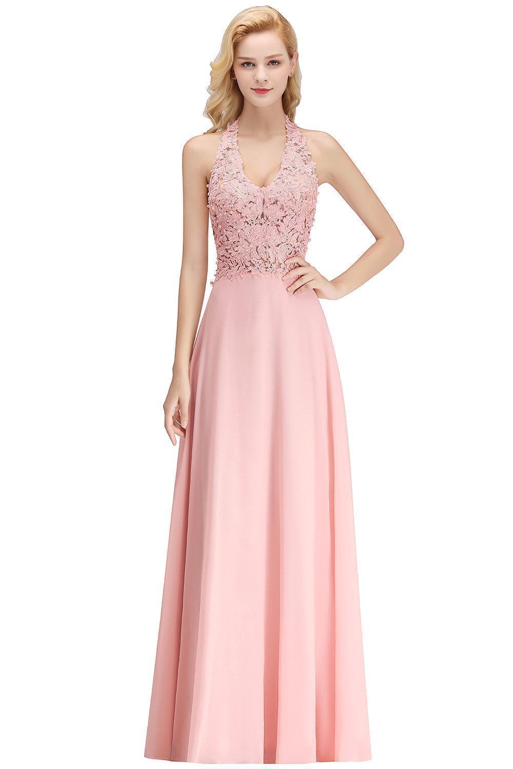 Chicloth A-line Halter Chiffon Lace Bridesmaid Dress with Beadings