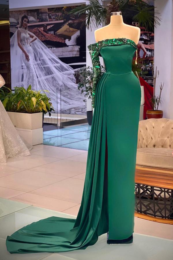 Chicloth Long Sleeves Off-the-Shoulder Evening Dresses Mermaid Slit Long