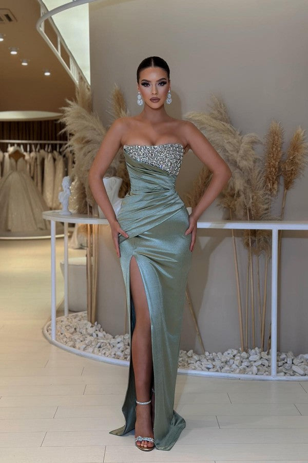 Chicloth Dusty Sage Sweetheart Prom Dress Mermaid Slit Long With Beads