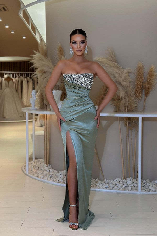 Chicloth Dusty Sage Sweetheart Prom Dress Mermaid Slit Long With Beads