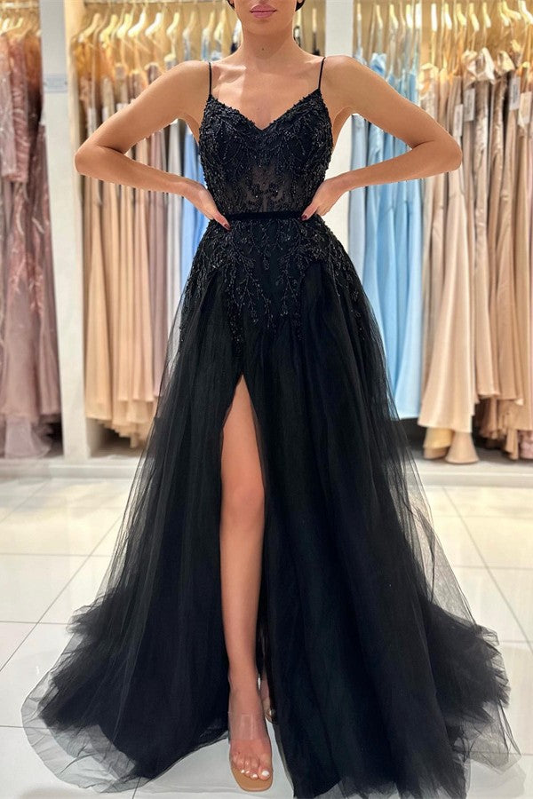 Chicloth Spaghetti-Straps Black Prom Dress Sleeveless Tulle With Split