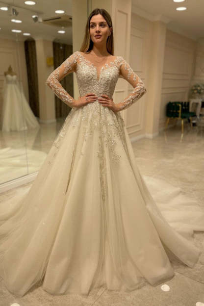 Chicloth Long Sleeves Wedding Dress Lace Appliques A-Line