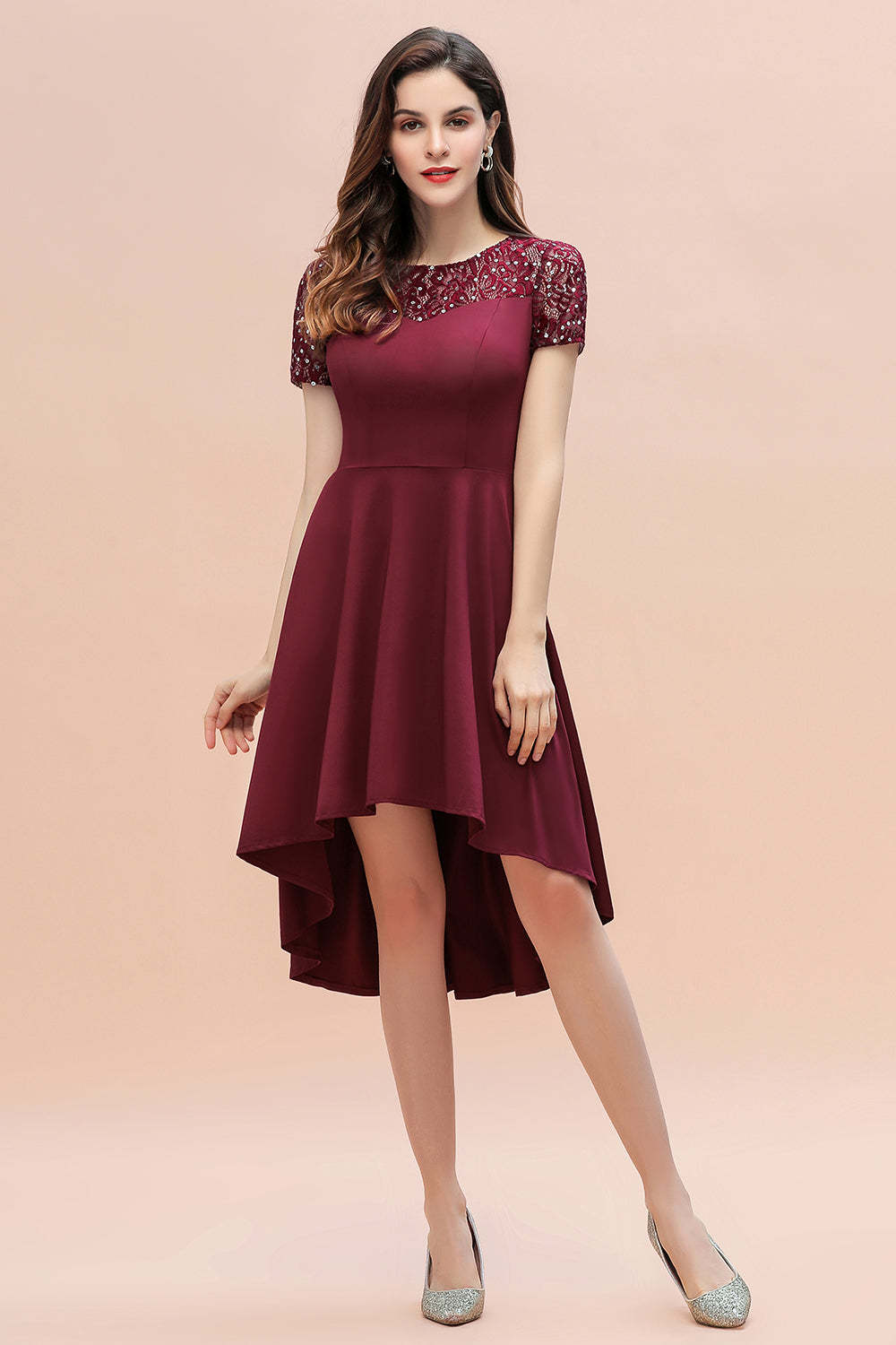 Chicloth Lovely Jewel Satin Sequins Bridesmaid Dress Short Sleeve Burgundy Cocktail Dress