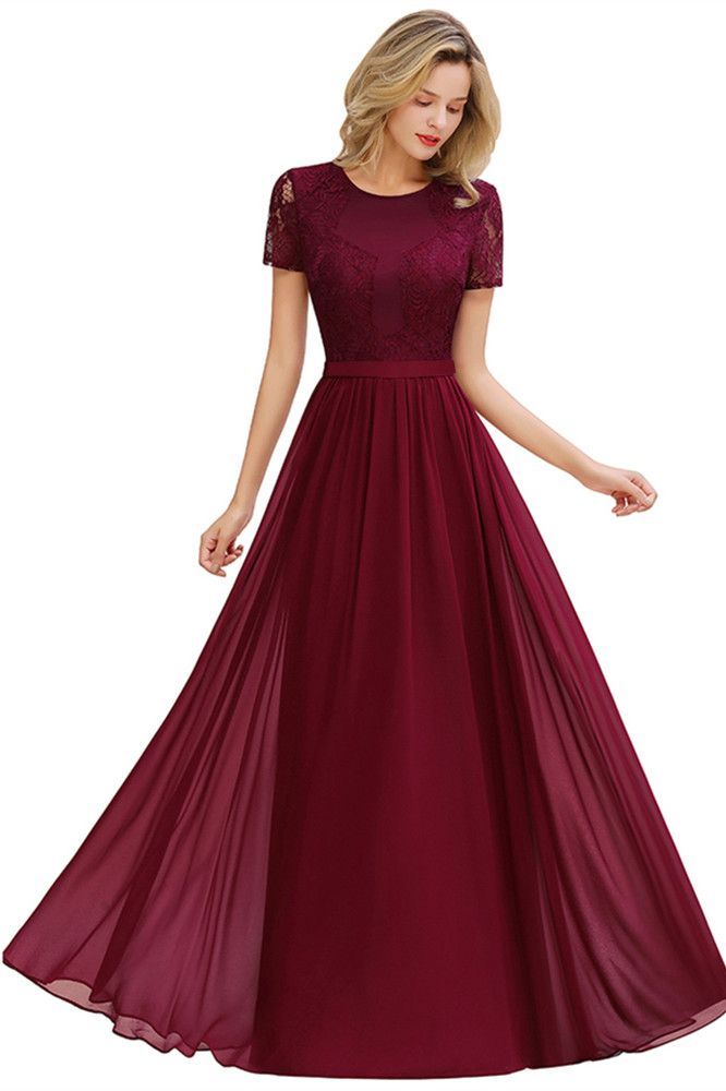 Chicloth Chic A-line Chiffon Lace Bridesmaid Dress with Short Sleeves