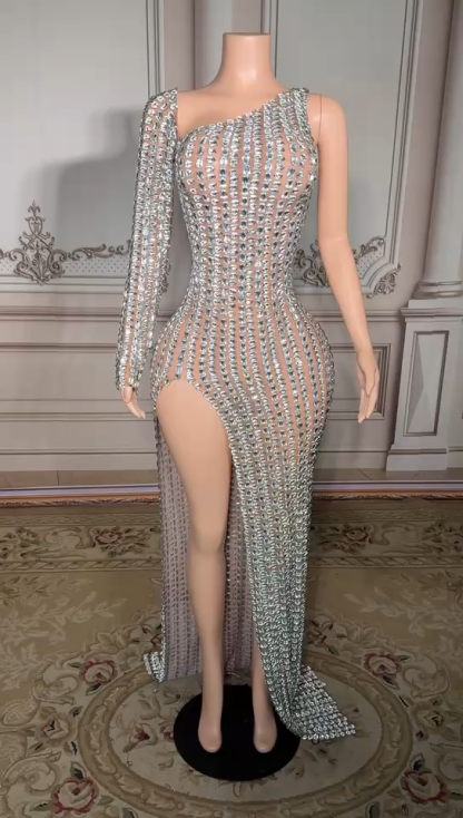 One Shoulder Crystals Floor Length Sheath Prom Dress with Long Sleeves