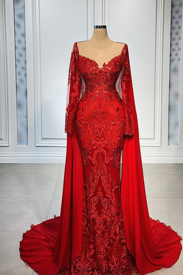 Red Long Sleeve Mermaid Lace Evening Dress | Cheap Lace Homecoming Dress
