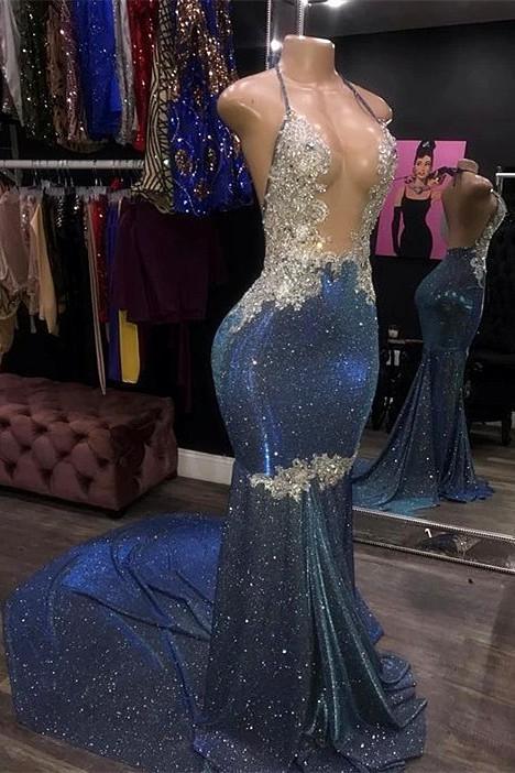 Chicloth Spaghetti-Straps Mermaid Prom Dress Sleeveless Royal Blue