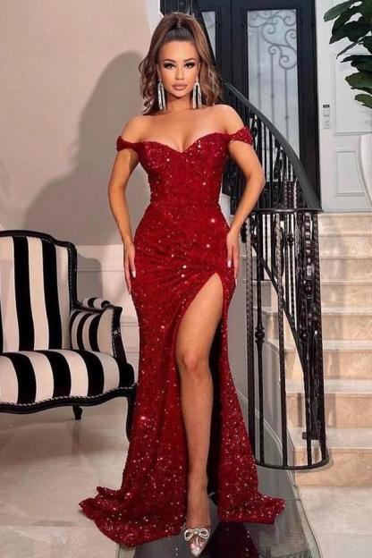 Chicloth Off-the-Shoulder Burgundy Prom Dresses Sequins Long Slit