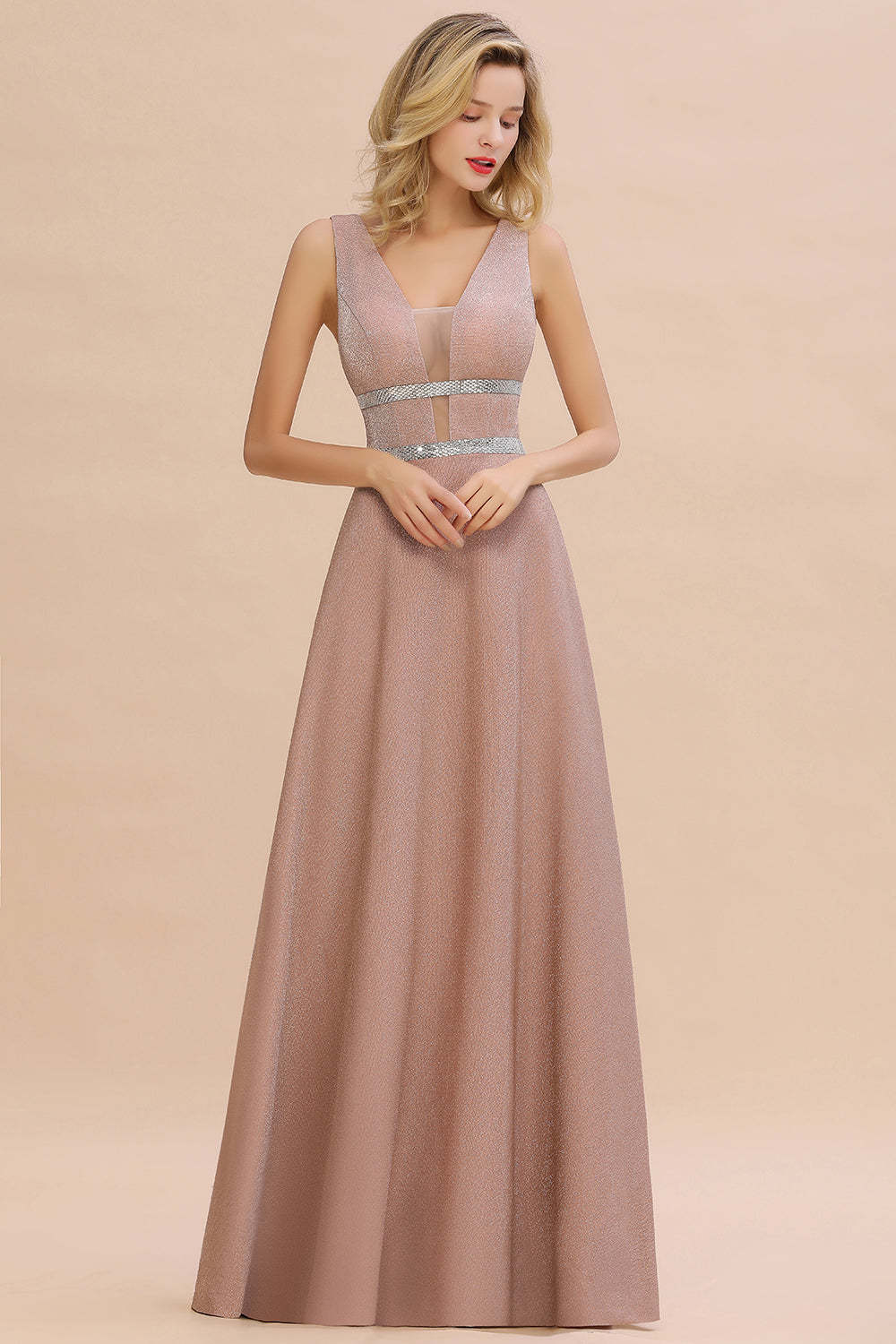Chicloth Shinning V-Neck Sleeveless Long Prom Dress Online With Zipper Back