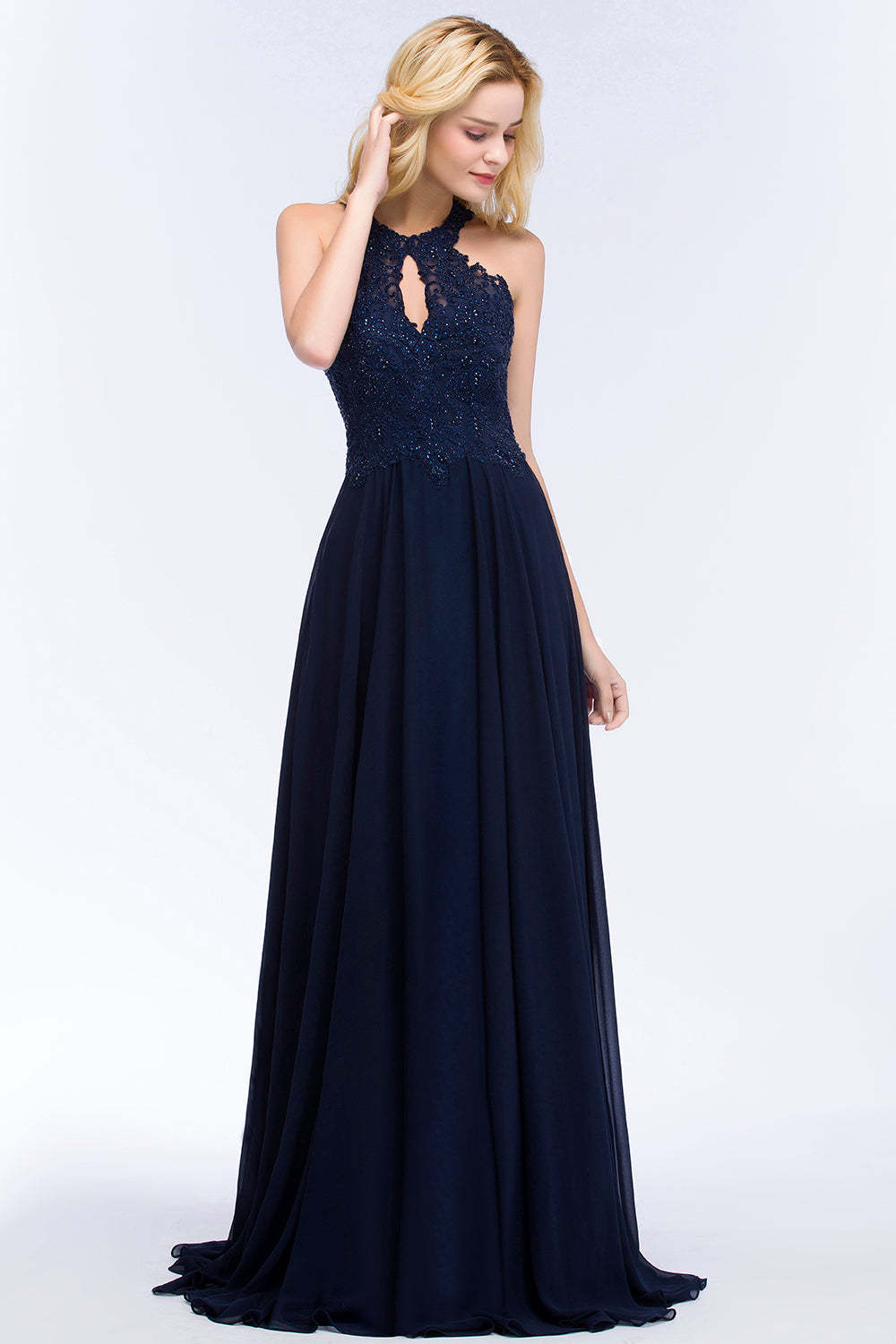 Chicloth A-line Keyhole Neckline Halter Long Beading Prom Dress