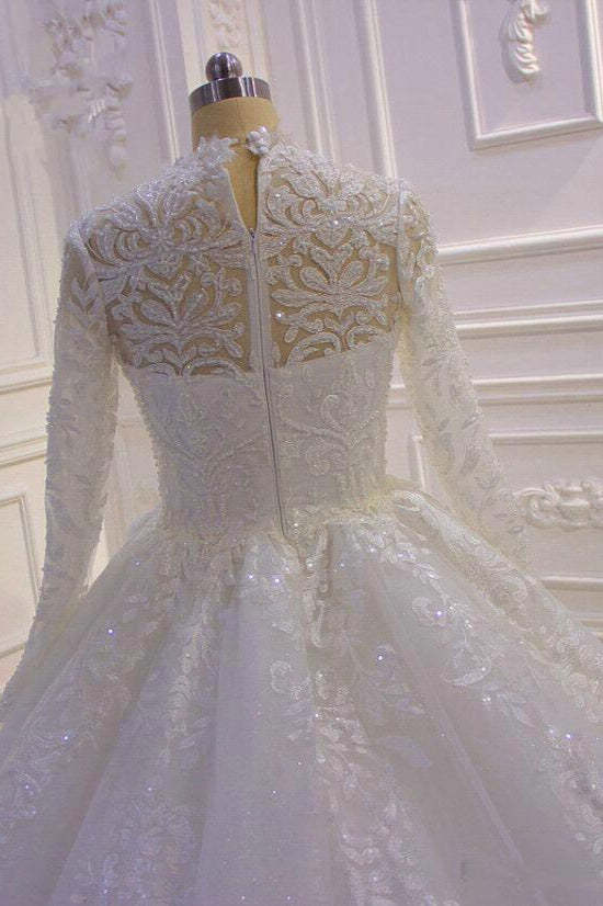 Chicloth Luxury Ball Gown High Neck Tull Lace Wedding Dress Long Sleeves Appliques Sequins Bridal Gowns Online