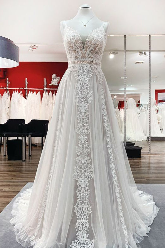Chicloth Simply Sleeveless White Tulle Lace Ruffles A-Line Wedding Dresses Long