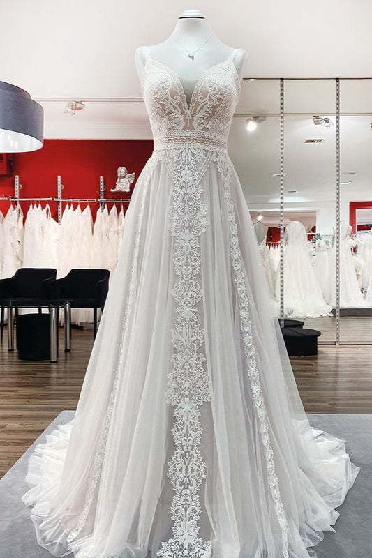 Chicloth Simply Sleeveless White Tulle Lace Ruffles A-Line Wedding Dresses Long