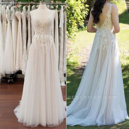 Chicloth Elegant Appliques A-line V-neck Wedding Dress Straps Sleeveless Tulle Bridal Gowns On Sale