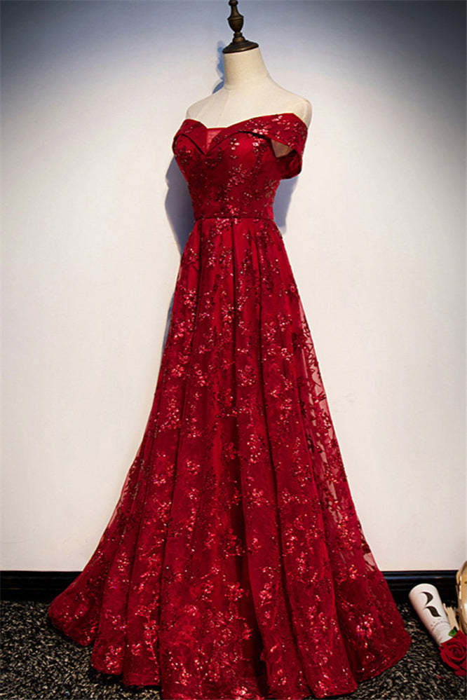 Chicloth Gorgeous Off-the-Shoulder Sleeveless Burgundy Prom Dresses with Appliques