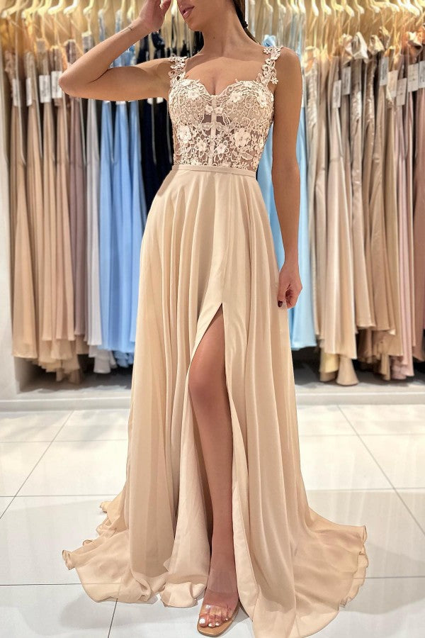 Chicloth Straps Square Prom Dress Champagne Slit With Appliques