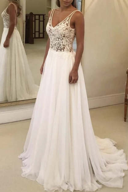 Chicloth Summer Beach Lace Wedding Dress V-Neck Chiffon Bridal Gown