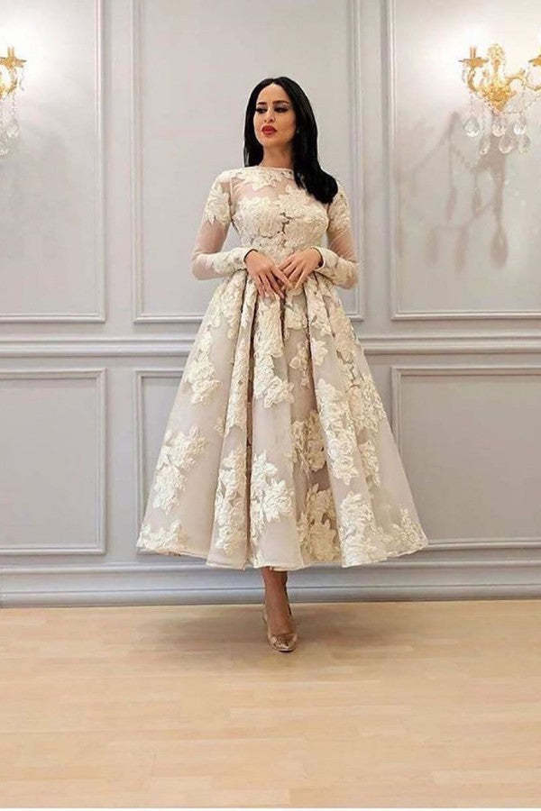 Chicloth Long Sleeves Prom Dress Appliques Tea-Length