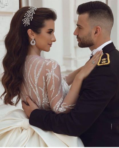 Chicloth Long Sleeves V-Neck Ball Gown Satin Wedding Dress With Sequins