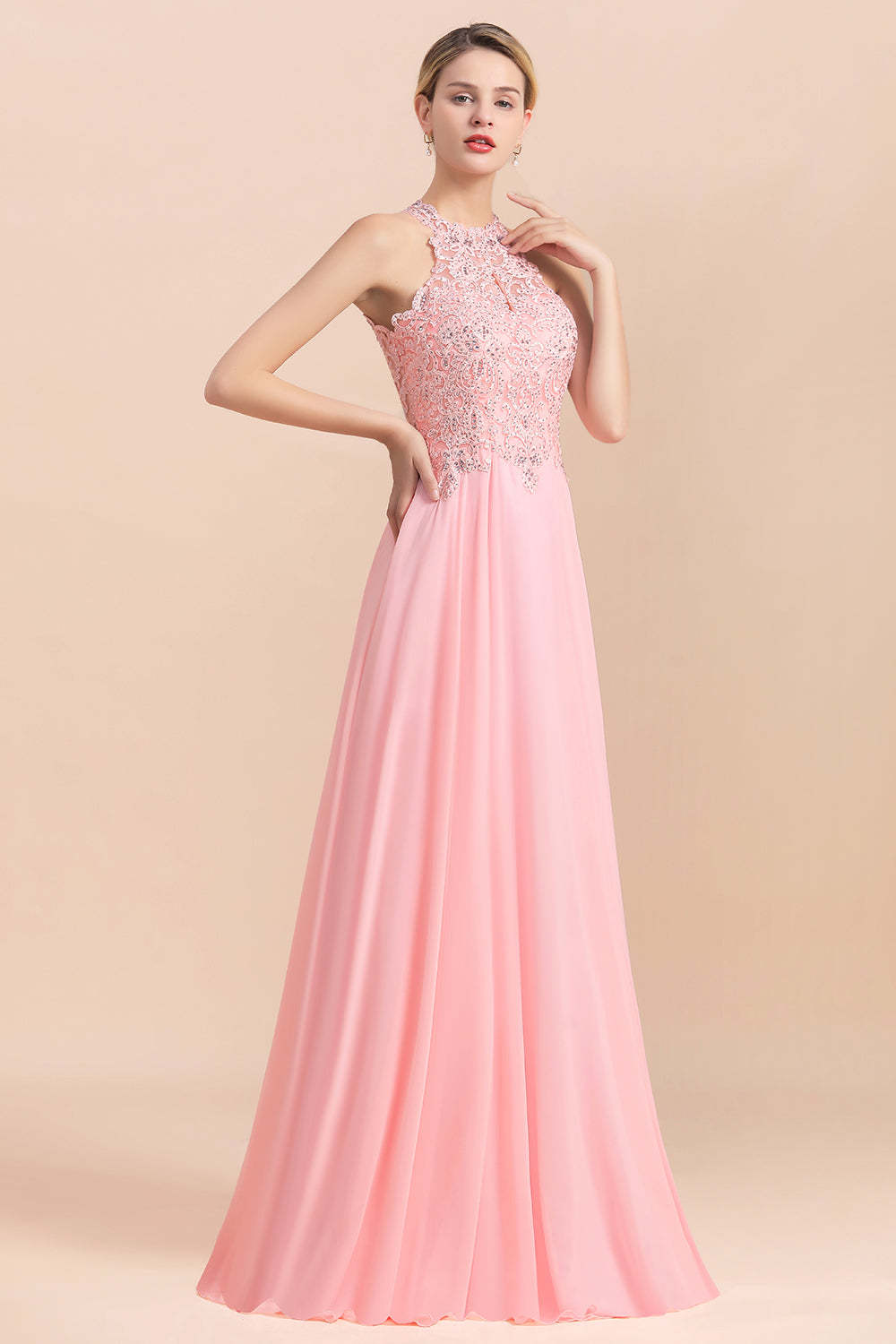 Chicloth A-line Chiffon Lace Ruffles Bridesmaid Dress with Beadings