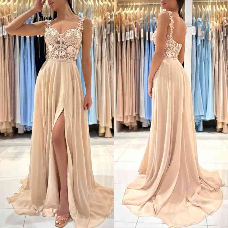 Chicloth Straps Square Prom Dress Champagne Slit With Appliques