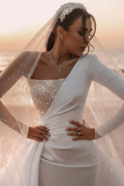 Chicloth One Shoulder Long Sleeves Wedding Dress Sequins Bridal Gown