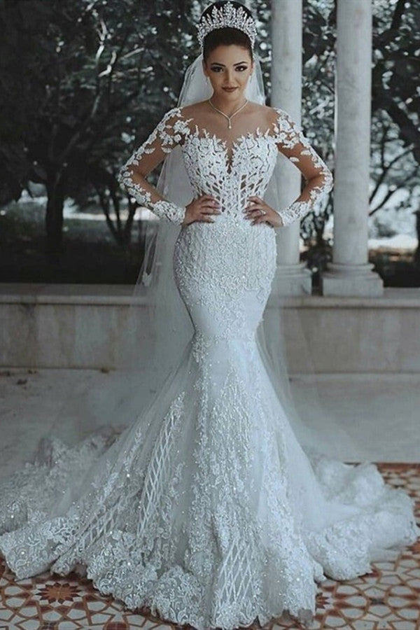 Chicloth Long Sleeves Mermaid Wedding Dress With Lace Appliques