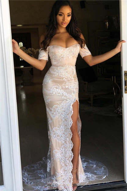 Chicloth Short Sleeves Lace Mermaid Prom Dress With Slit