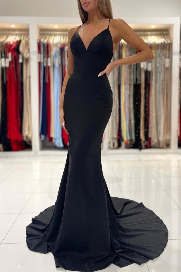 Chicloth Black V-Neck Spaghetti-Straps Prom Dress Mermaid Sleeveless