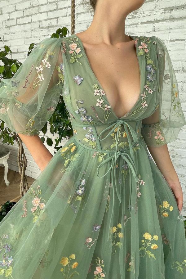 Chicloth V-Neck Tulle Sage Green Prom Dress Long With Flowers