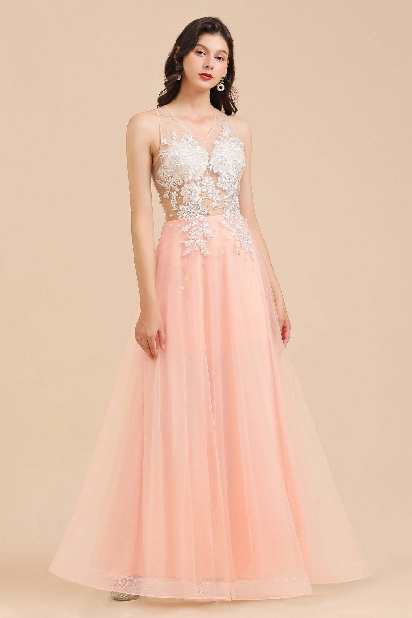 Chicloth Round Neck Lace Appliques Long Evening Prom Dress