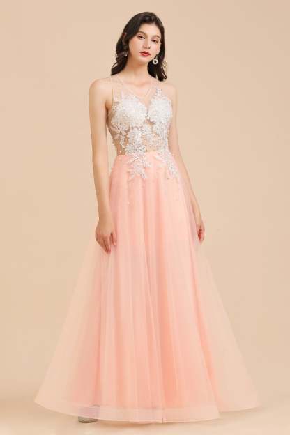 Chicloth Round Neck Lace Appliques Long Evening Prom Dress