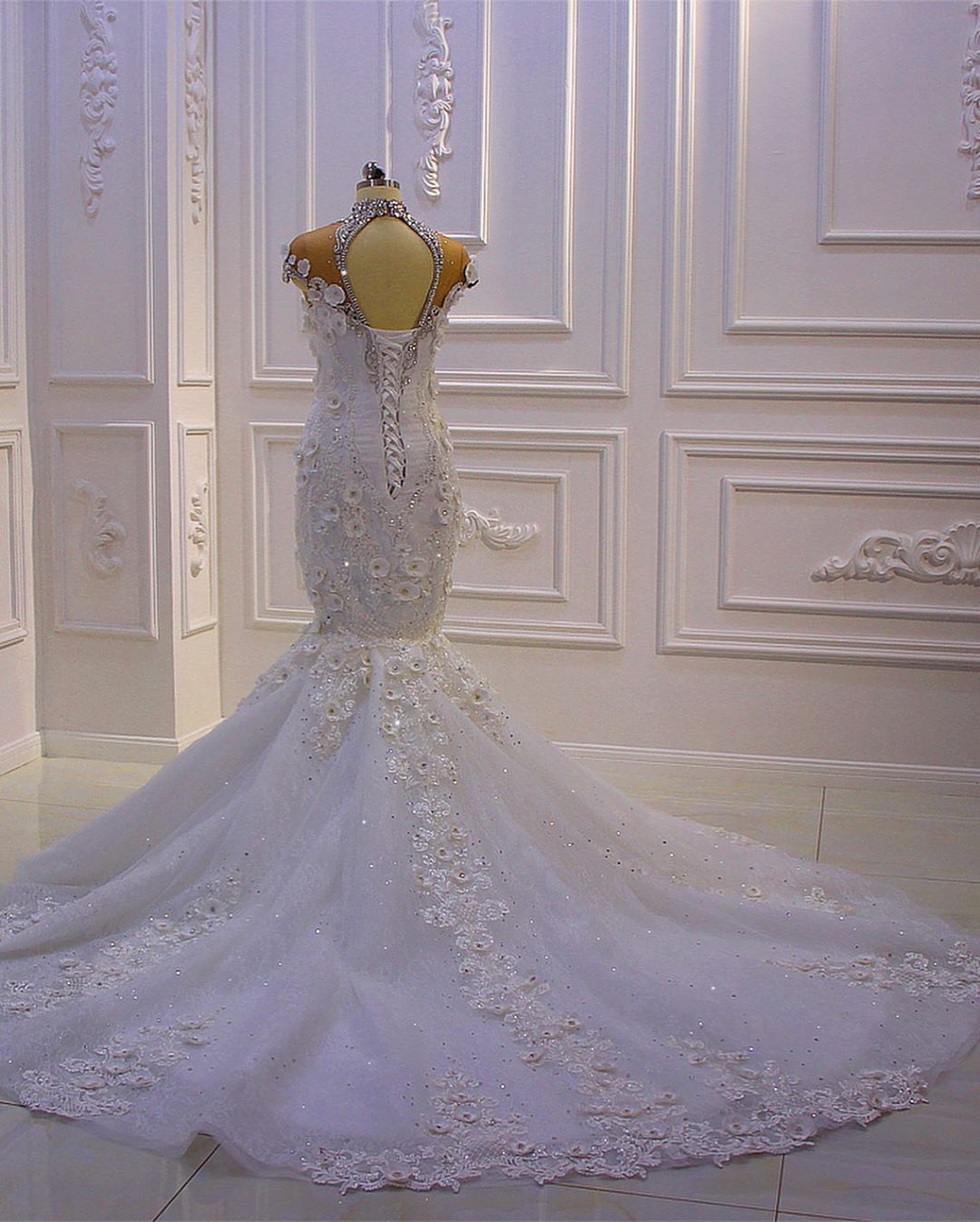 Off the shoulder sweetheart gems luxury flowers wedding dress
